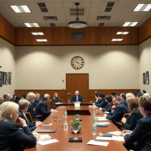 Faculty members in a meeting discussing university governance