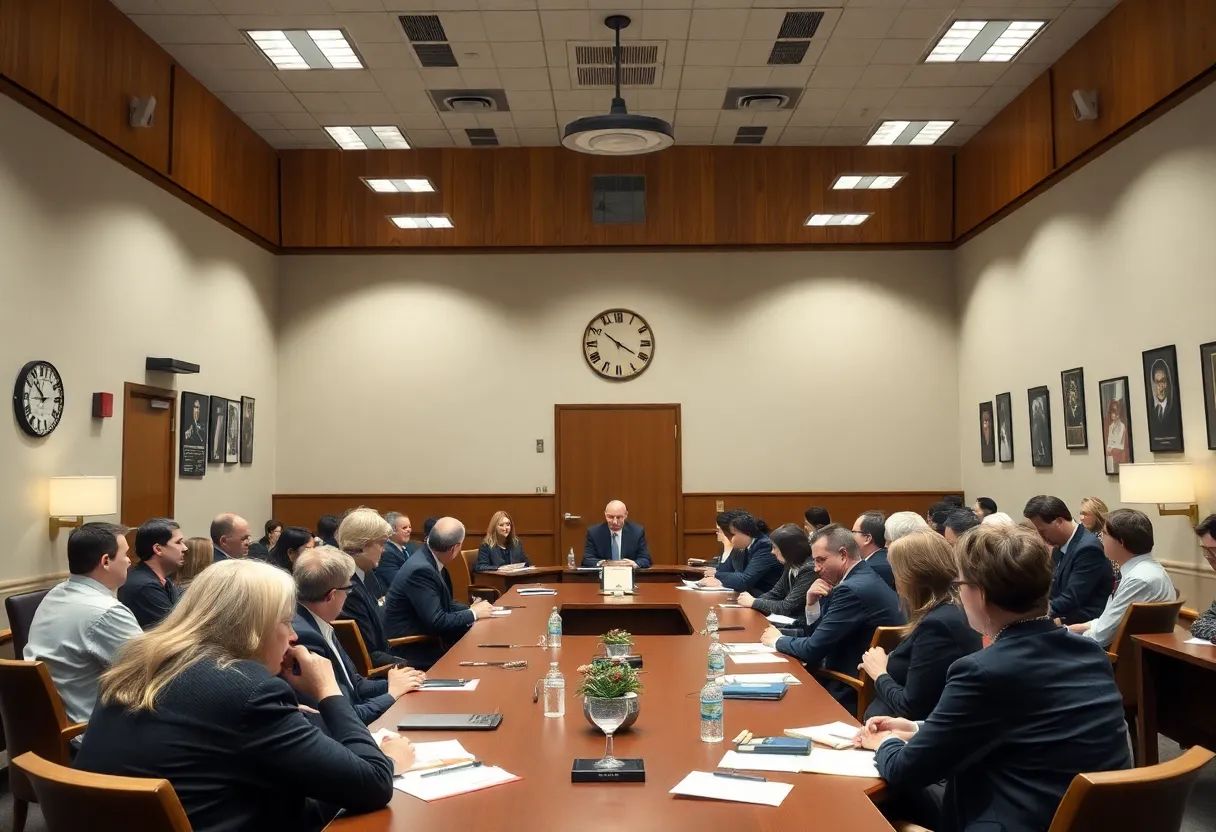 Faculty members in a meeting discussing university governance