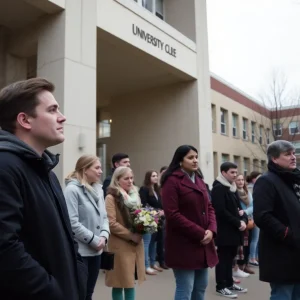 Exterior view of a university building reflecting a somber mood