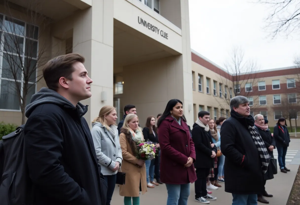 Exterior view of a university building reflecting a somber mood