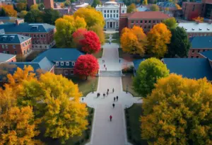 Aerial view of students at University of Kentucky campus during fall