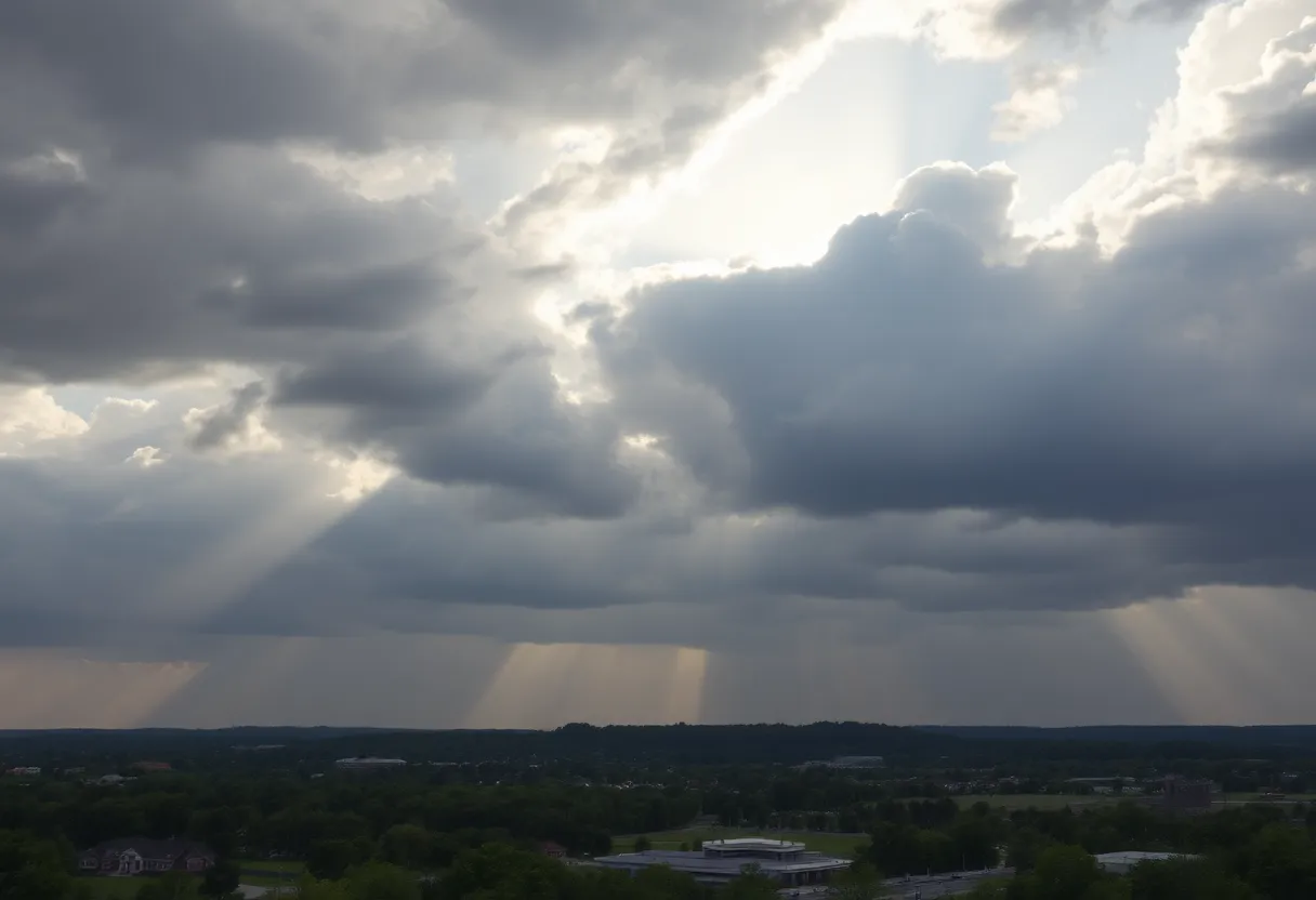 Weather landscape of Lexington, KY featuring sunshine and stormy clouds.