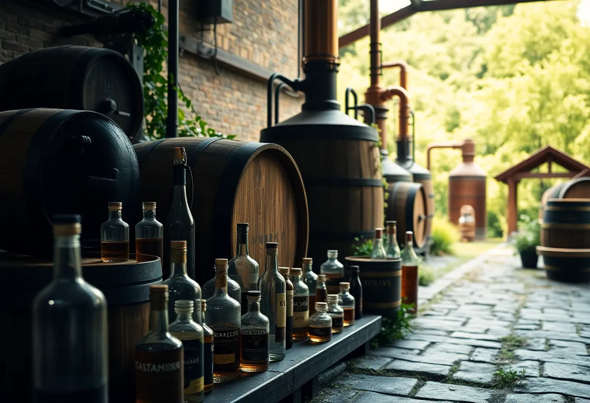 Image depicting whiskey distillery with barrels and bottles