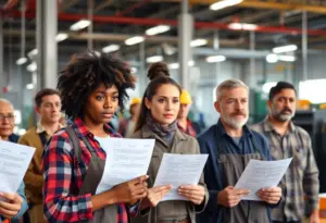 A group of workers in a factory receiving layoff notifications.