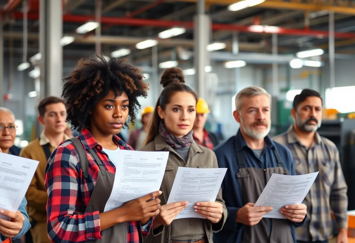 A group of workers in a factory receiving layoff notifications.
