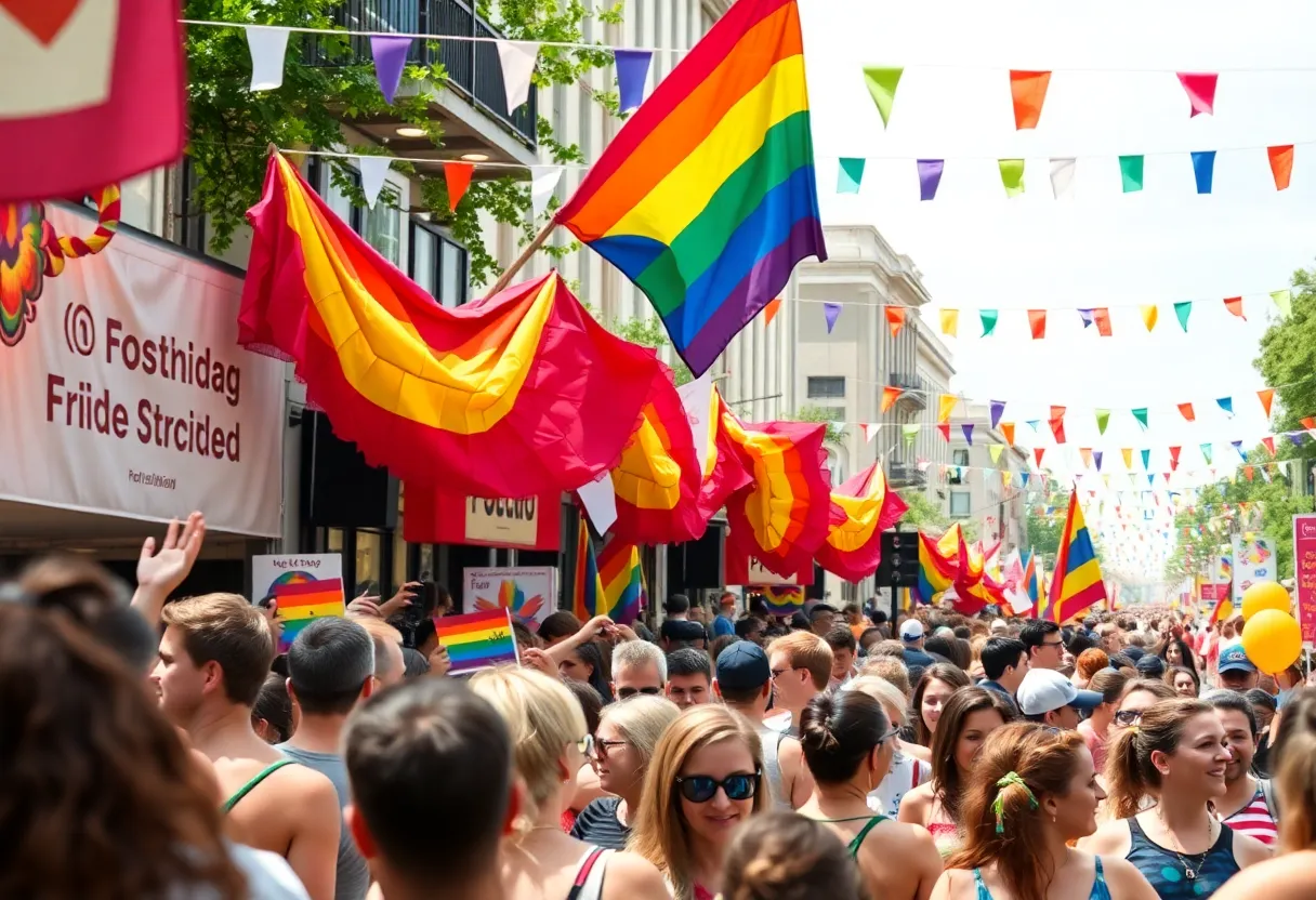 Crowd celebrating at the Lexington Pride Festival with colorful flags