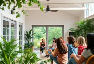 Welcoming addiction recovery facility with individuals in therapy