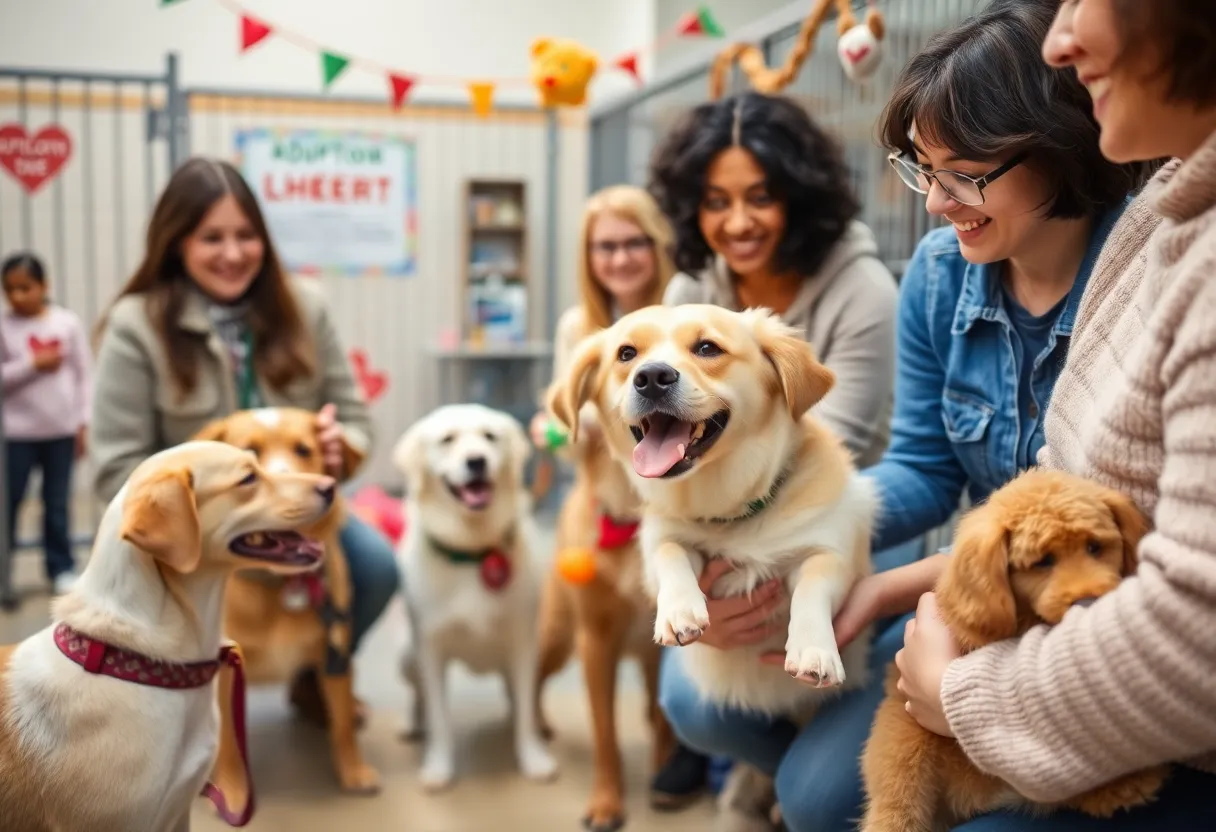 Joyful adoption event at the Lexington Humane Society with dogs and happy families.