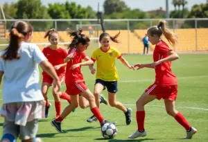 Young female soccer players showcasing teamwork during a game