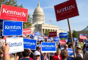 Political campaign scene in Kentucky with supporters and signs.