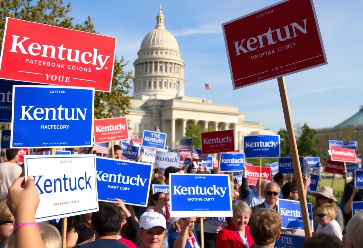 Political campaign scene in Kentucky with supporters and signs.