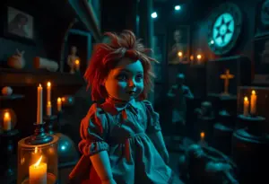 Raggedy Ann doll displayed in a dark museum space