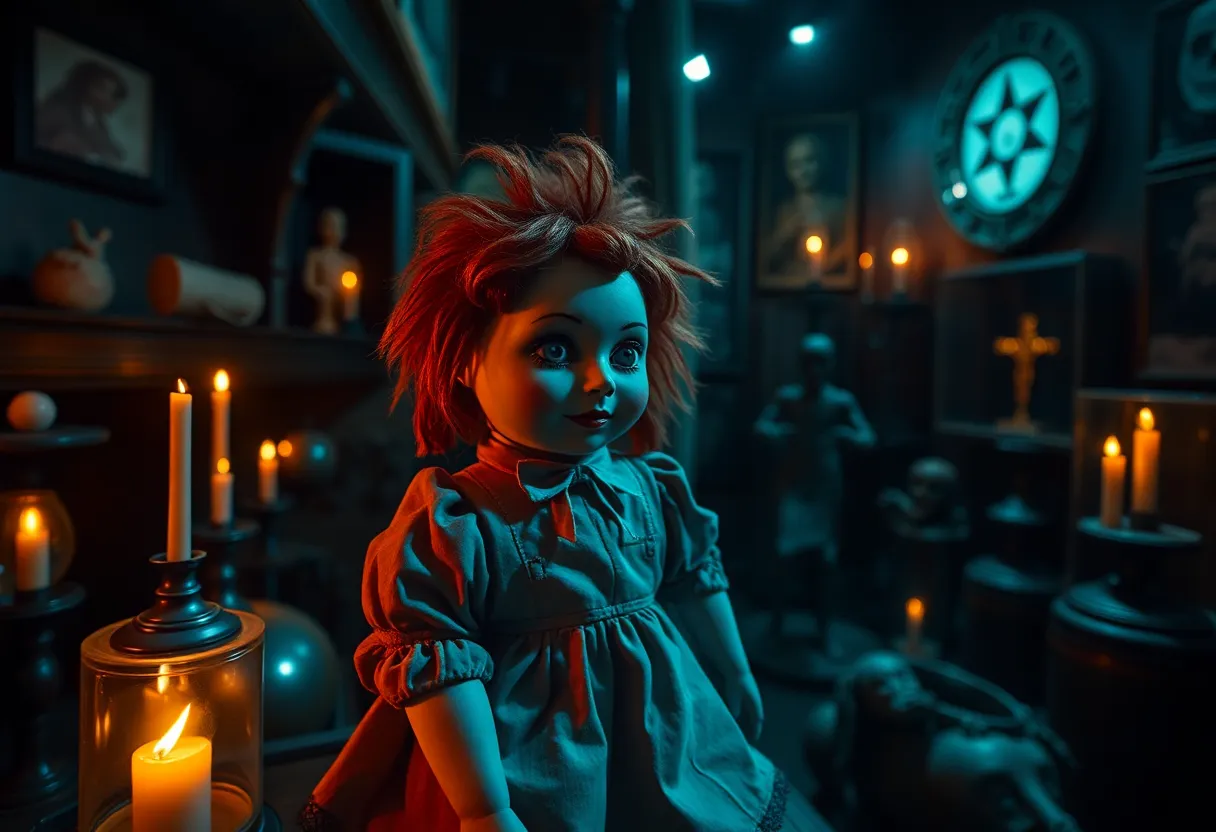 Raggedy Ann doll displayed in a dark museum space