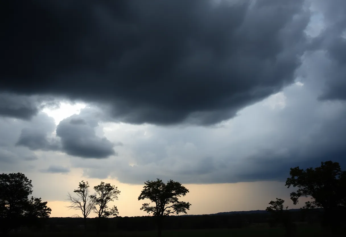 Dark storm clouds over a Kentucky landscape with windswept trees