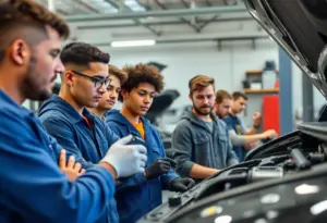 Aspiring automotive technicians learning in a workshop