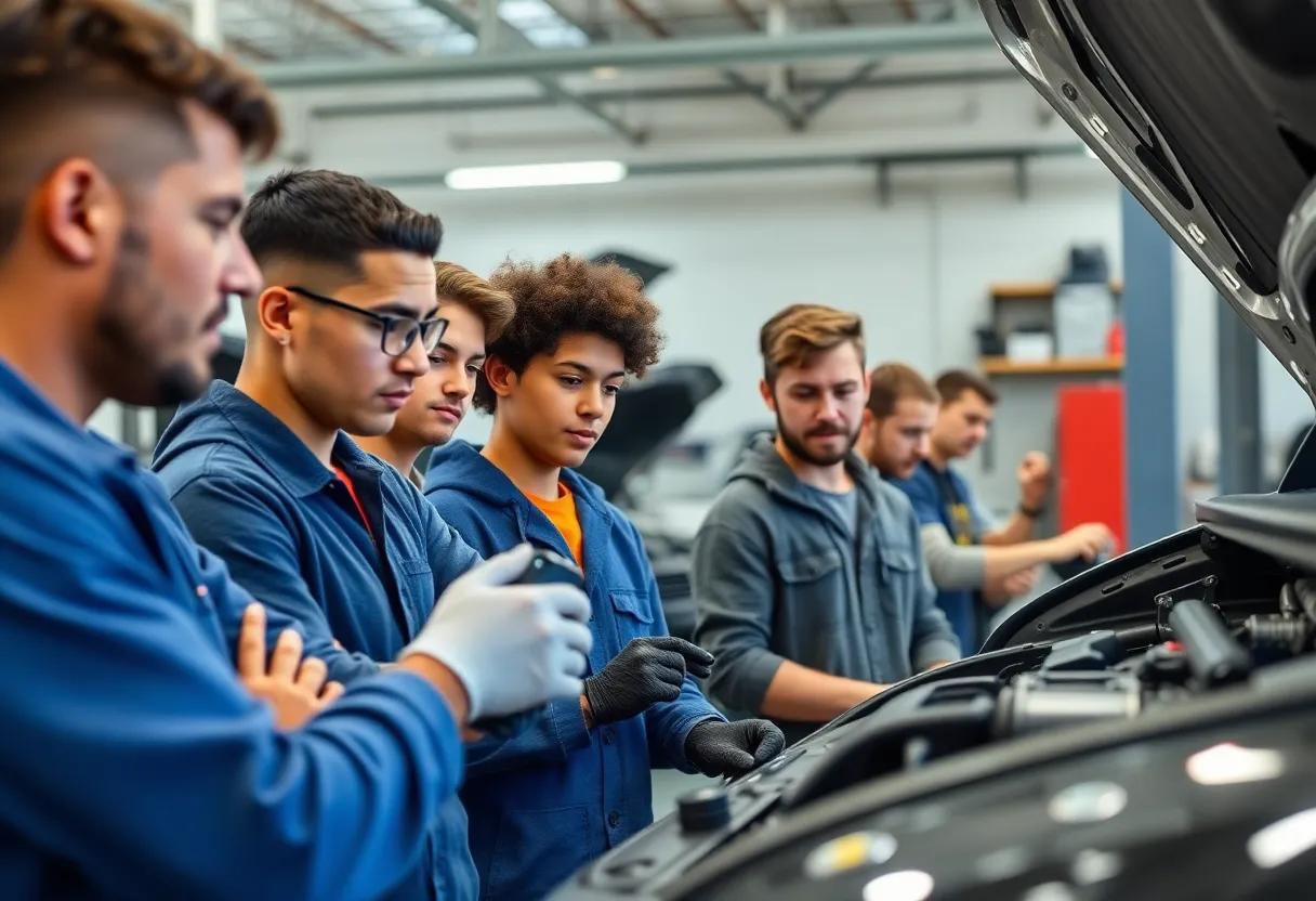 Aspiring automotive technicians learning in a workshop