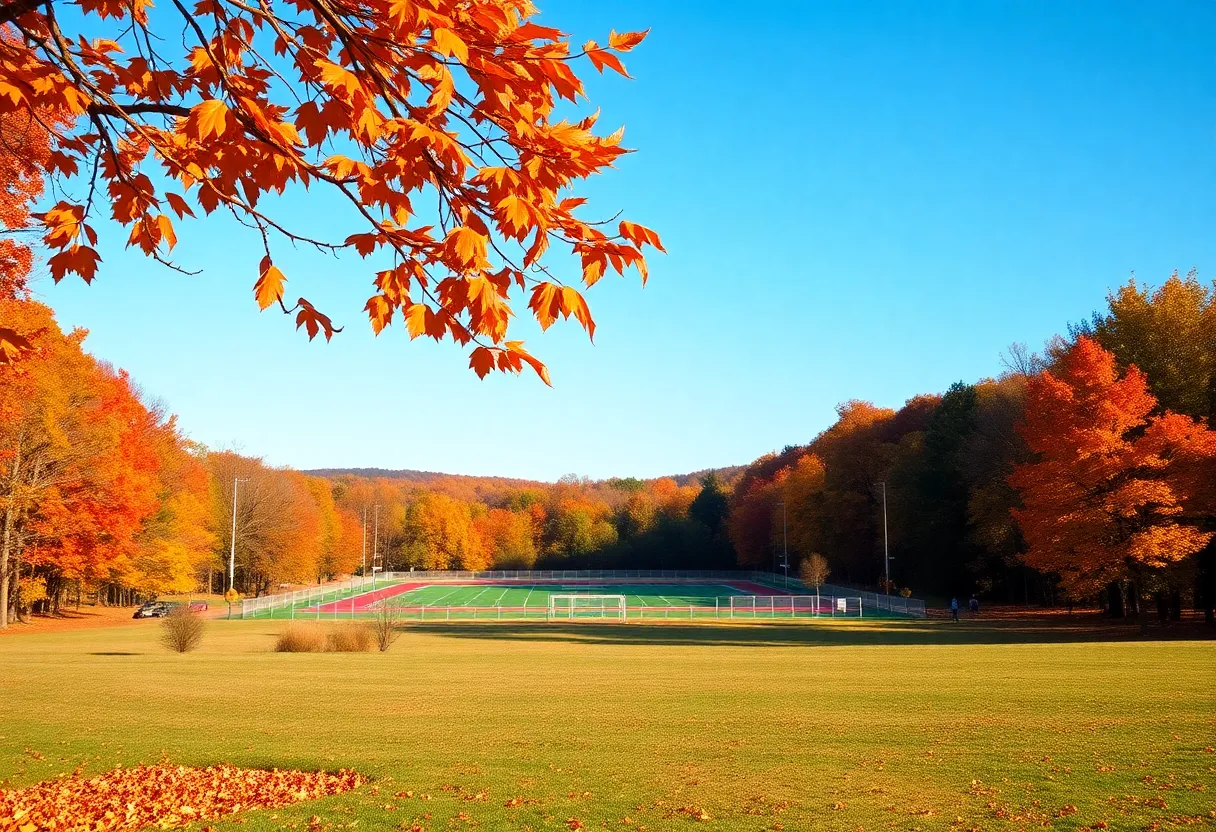 A beautiful autumn scene in Central Kentucky with fall colors and a football field