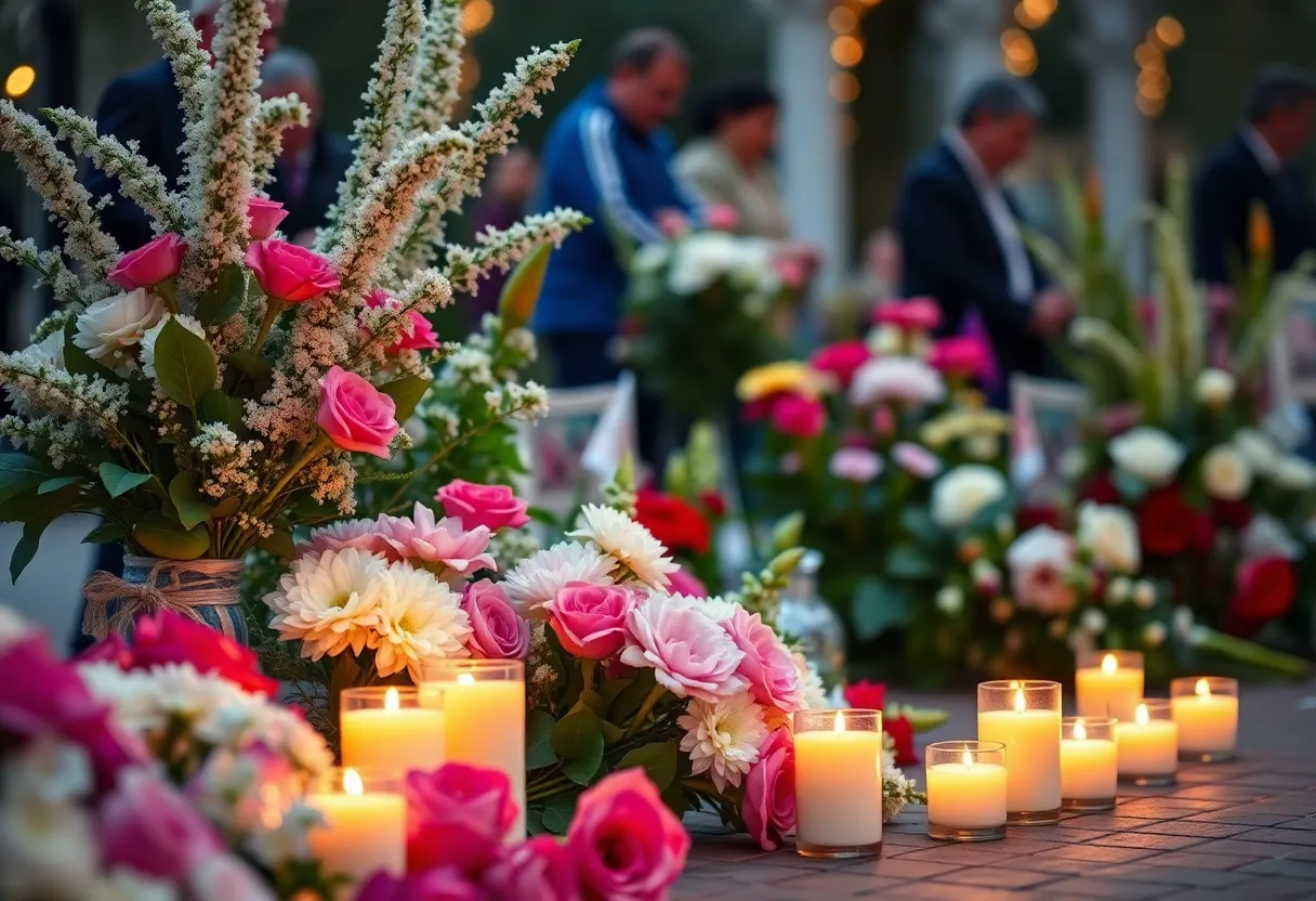 Memorial service setup with flowers and candles for Ava Shayne Alan Brantley