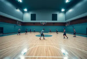 Team of basketball players practicing on court.