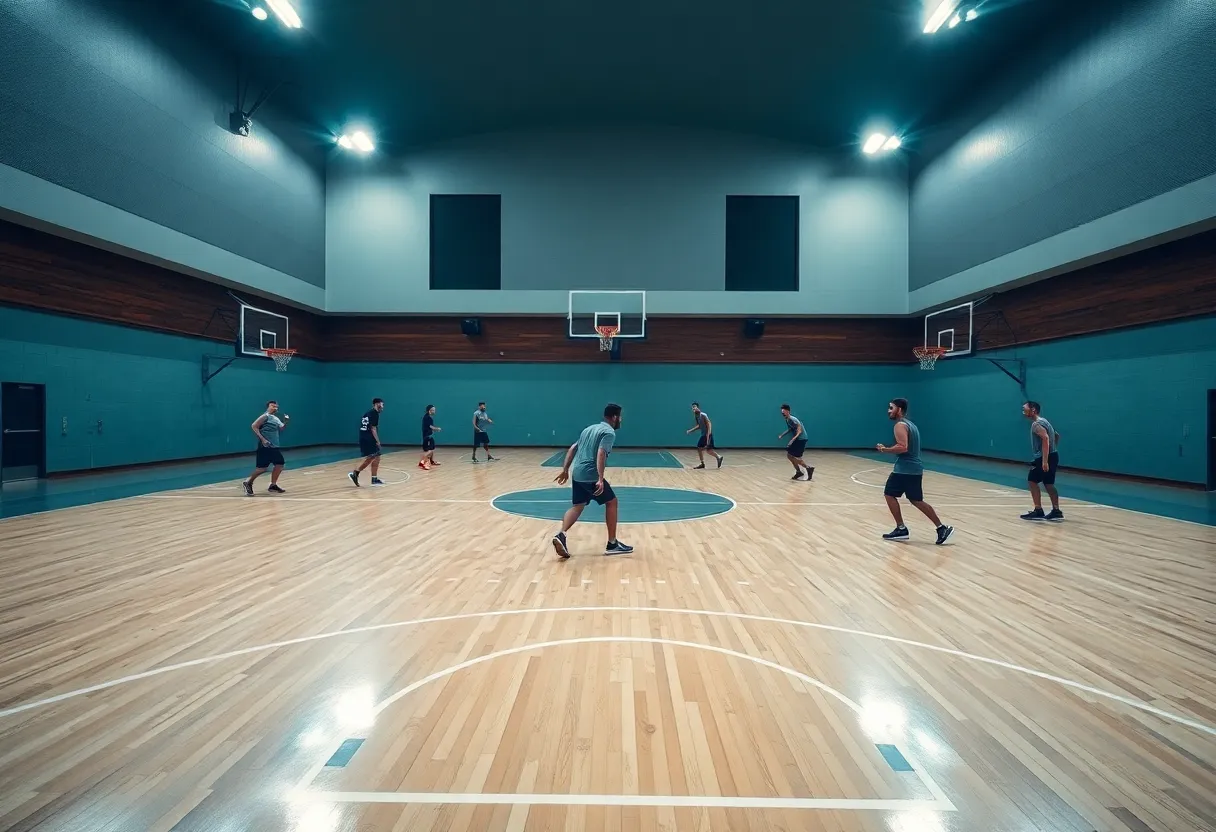 Team of basketball players practicing on court.