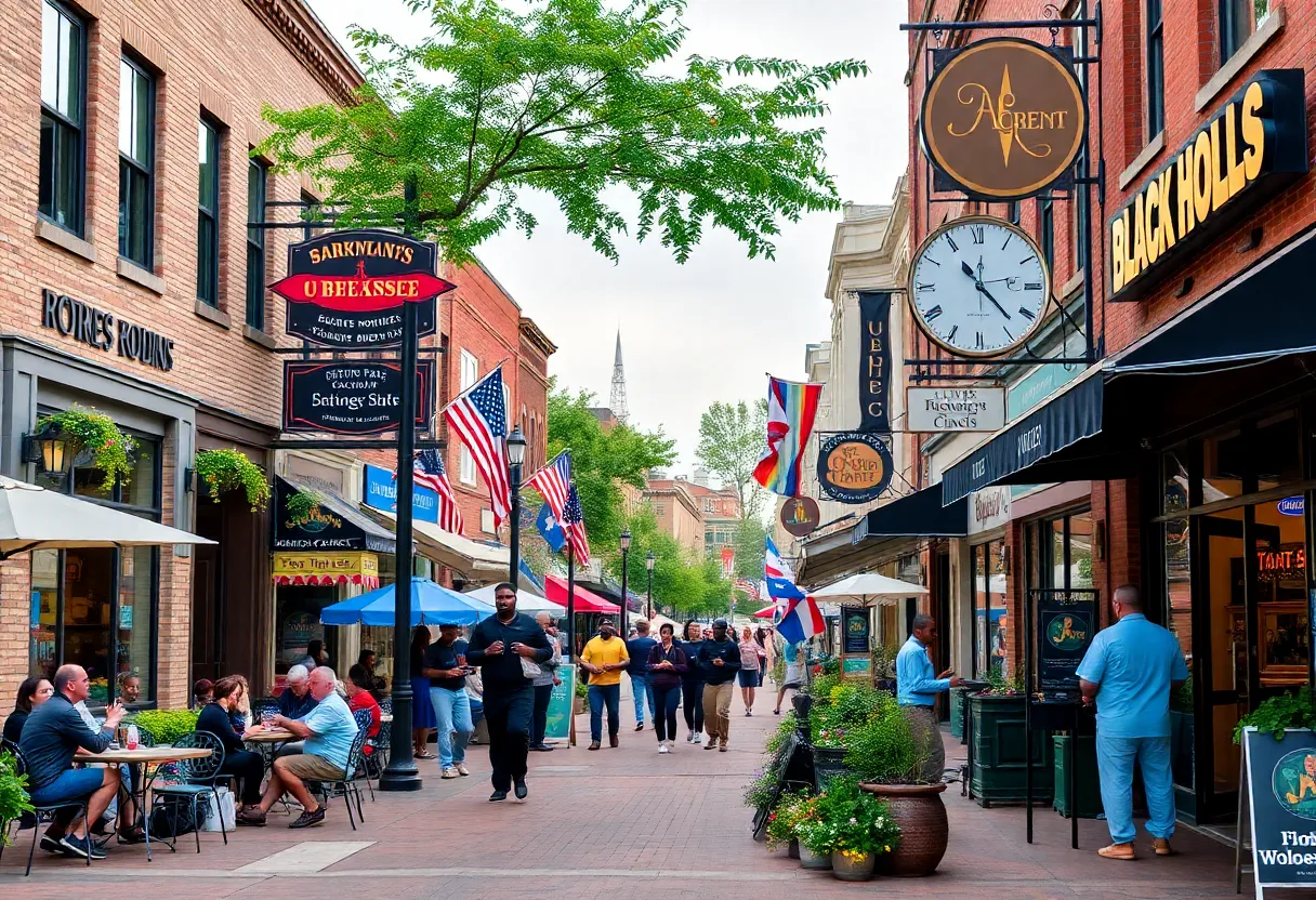 A street view of Black-owned businesses in Lexington, Kentucky with people socializing.