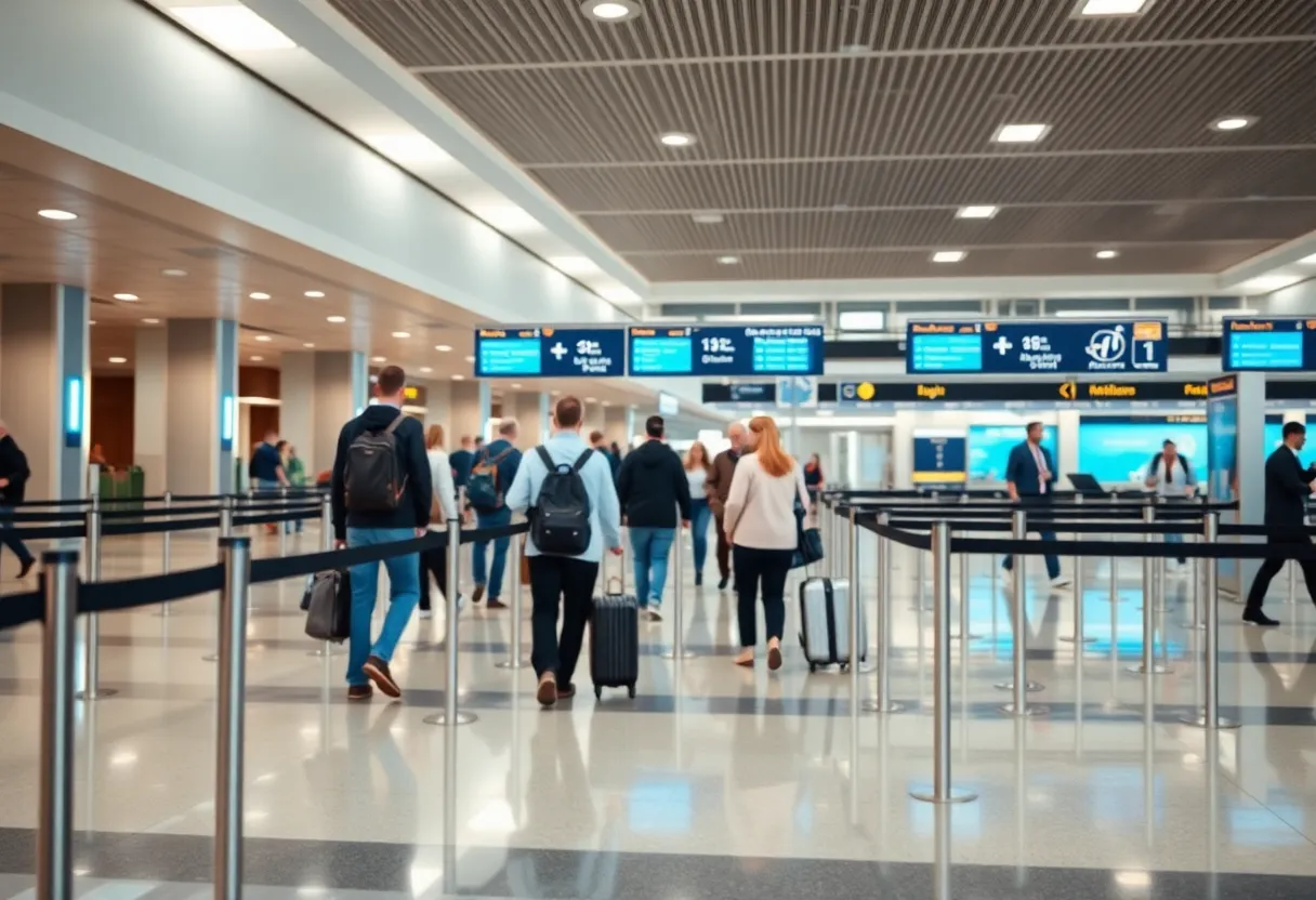 Interior view of Blue Grass Airport terminal during busy hours with travelers