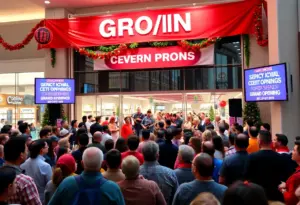 Crowd celebrating the grand opening of Boot Barn in Louisville with a musical performance.