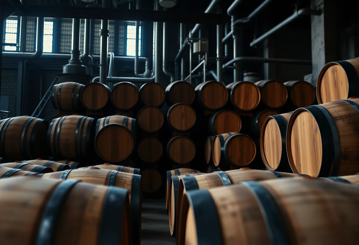 Stack of bourbon barrels in a distillery