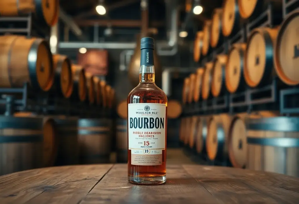 Bottle of Burnt Tavern Bourbon displayed in a distillery setting