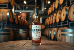 Bottle of Burnt Tavern Bourbon displayed in a distillery setting