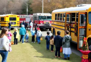 Families enjoying the Bus-A-Treat Halloween event with decorated buses