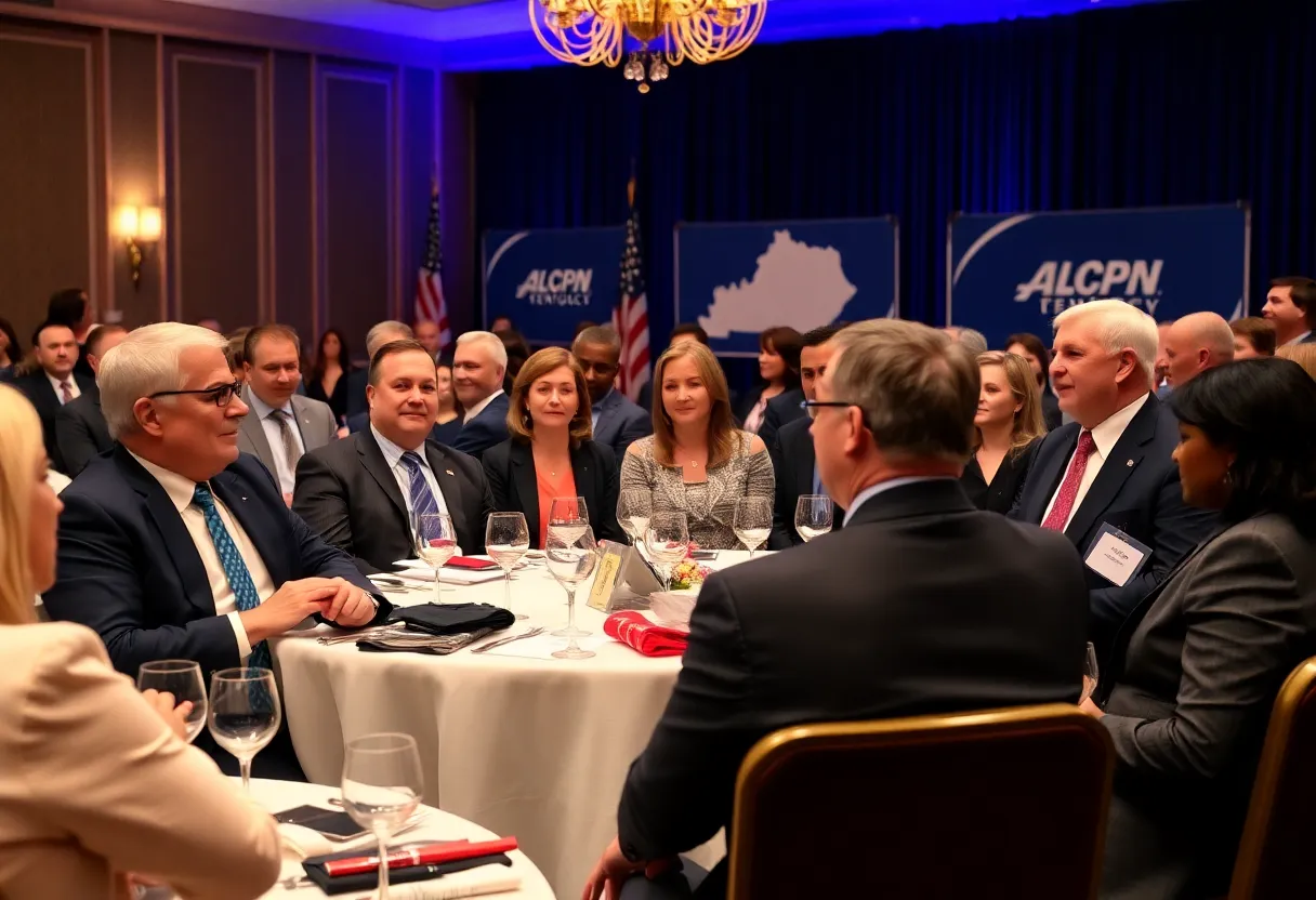 A formal dinner event with business leaders discussing political topics in Kentucky