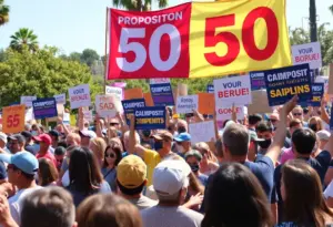 Political rally scene in California advocating for Proposition 50.