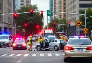 Emergency responders attend to a car crash scene in Lexington with vehicles involved.