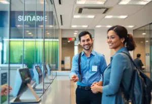 Customer service representative assisting a bank customer in a secure environment