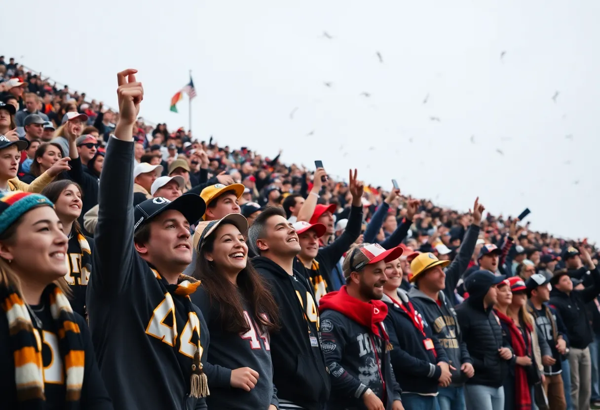 Fans at a college football game showing school spirit.