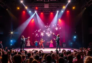 Magicians performing illusions on stage with a cheering audience