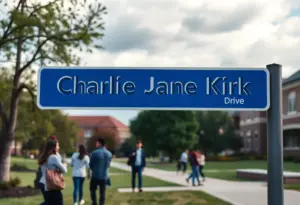 Mockup of a road sign for Charlie Kirk Drive on a university campus