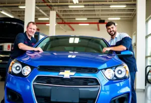Mechanics repairing a blue Chevy Sonic at a local dealership