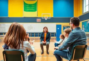 Teachers discussing child safety in a gymnasium