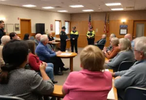 Community meeting discussing child safety and exploitation issues.