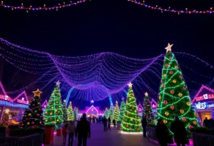 Families enjoying Christmas at Kentucky Kingdom with festive lights and decorations.
