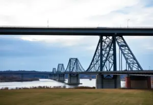 View of Clays Ferry Bridge showcasing its height and scenic backdrop.