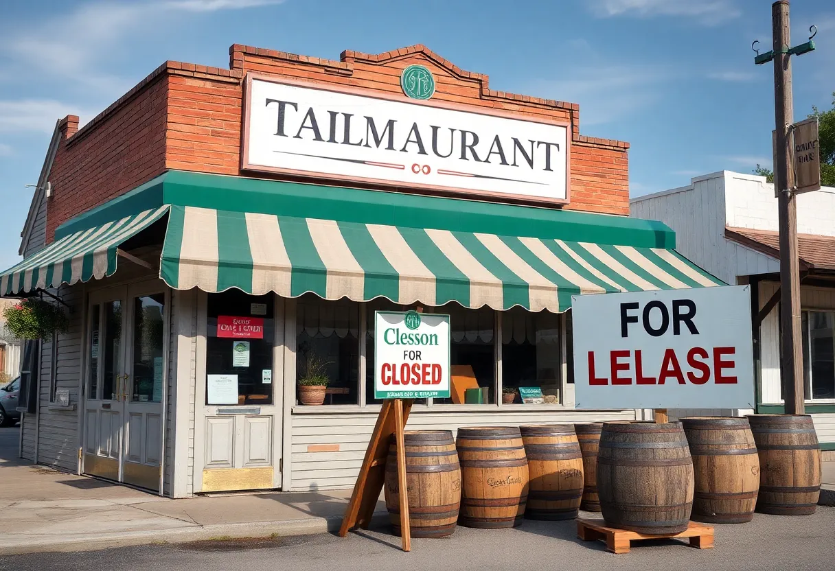 Closed Serafini restaurant with a 'For Lease' sign
