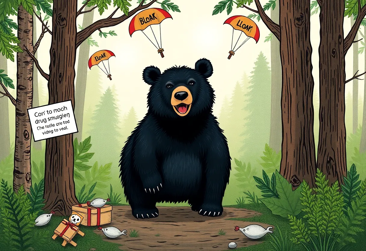 A cartoonish black bear surrounded by playful elements referencing drug smuggling.