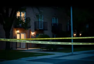 Police at a college apartment building during an investigation