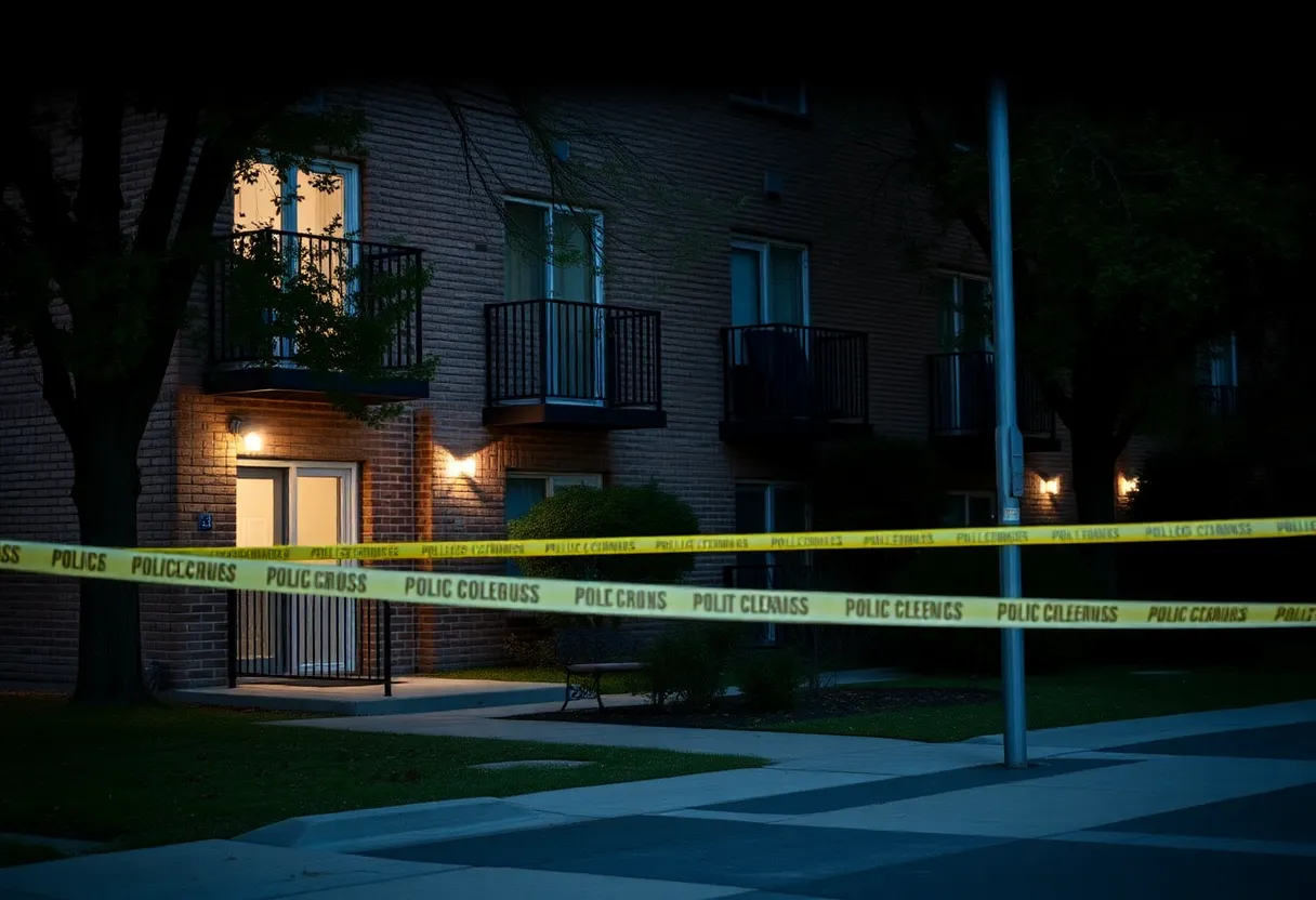 Police at a college apartment building during an investigation