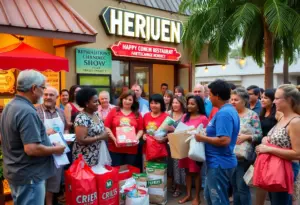 Community members donating supplies outside a local restaurant for hurricane relief.