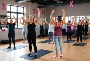 Participants in a fitness class supporting breast cancer awareness