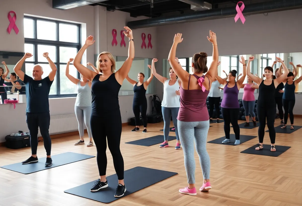 Participants in a fitness class supporting breast cancer awareness